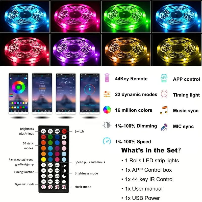 LED RGB Strip Lights with Bluetooth & Wi-Fi – Smart Home Lighting for Any Room 💡🎶